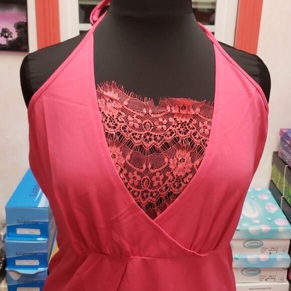 Fushia Pink Floral Mini dress Surplice Neck Lace Detail Side Slit sizes … - Picture 5 of 9